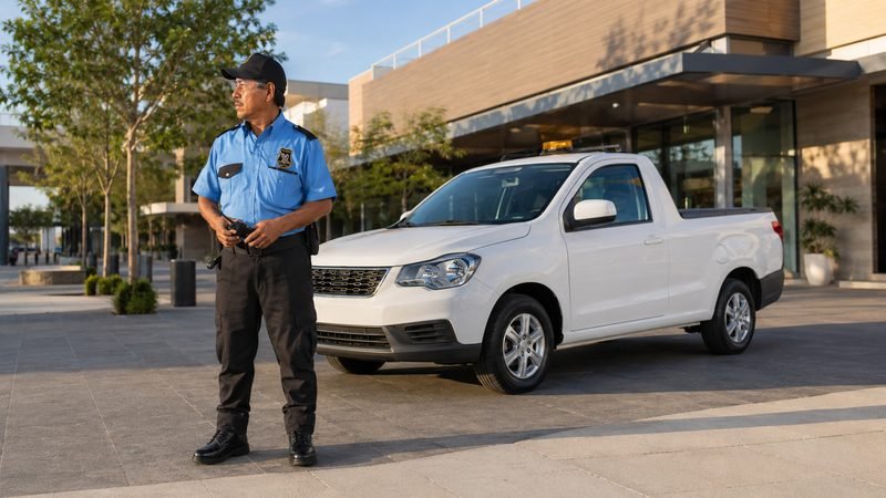 Guardia de KALULASA junto a la unidad de supervisión en el acceso de una plaza comercial