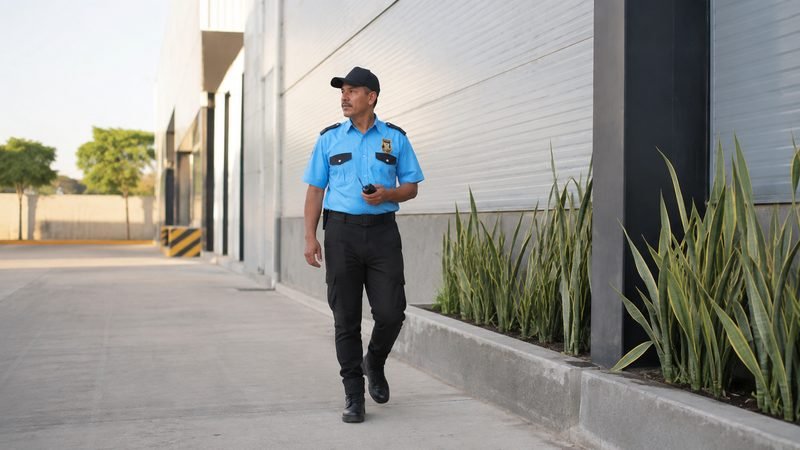 Guardia de KALULASA realizando ronda perimetral junto a una nave industrial